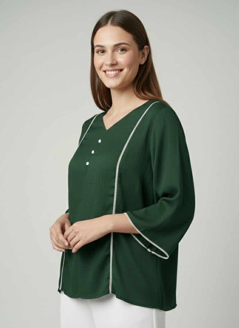 Women’s Solid Green V-Neck Kurti Top with Contrast Piping