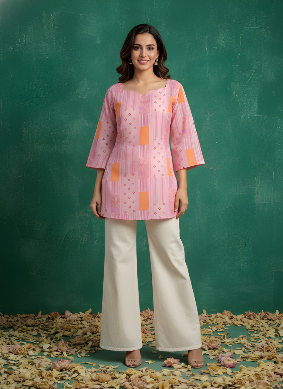 Pink Printed V-Neck Kurti with Peach Accents