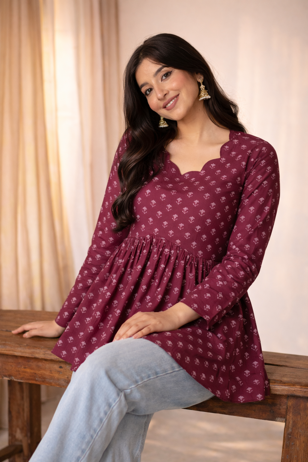 Women Maroon Printed Peplum Kurti with Scalloped Neck & Full Sleeves