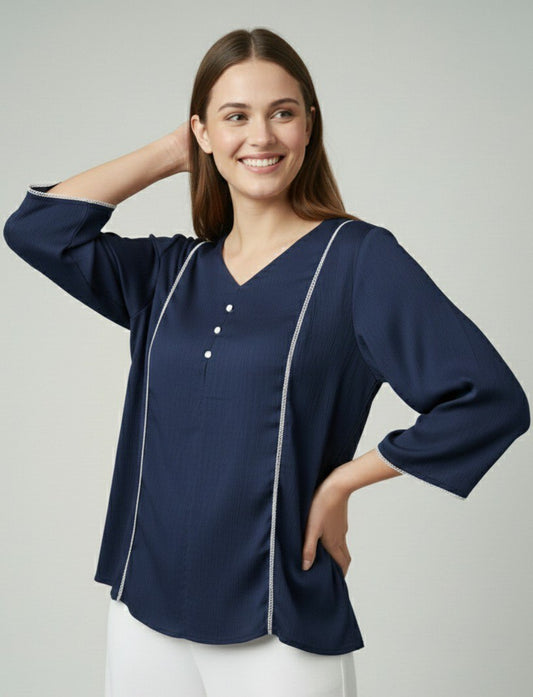 Women’s Solid Navy V-Neck Kurti Top with Contrast Piping