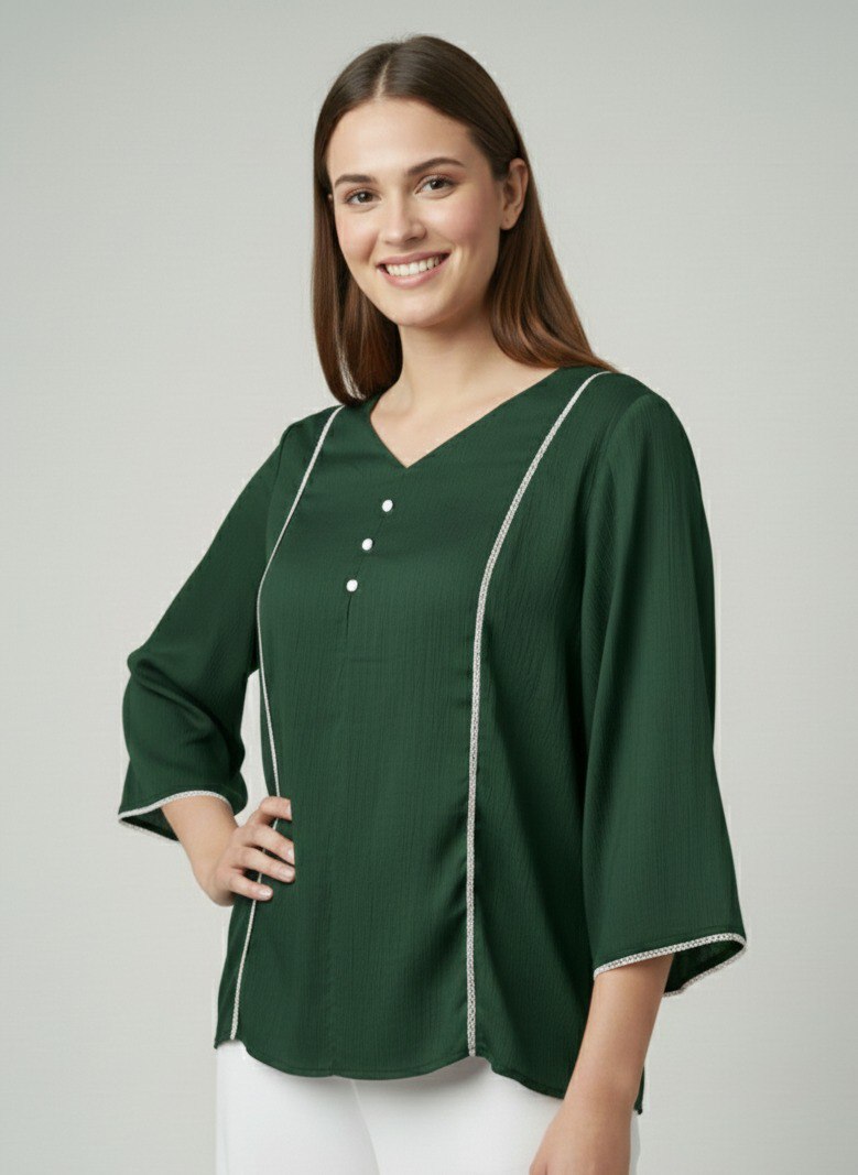 Women’s Solid Green V-Neck Kurti Top with Contrast Piping