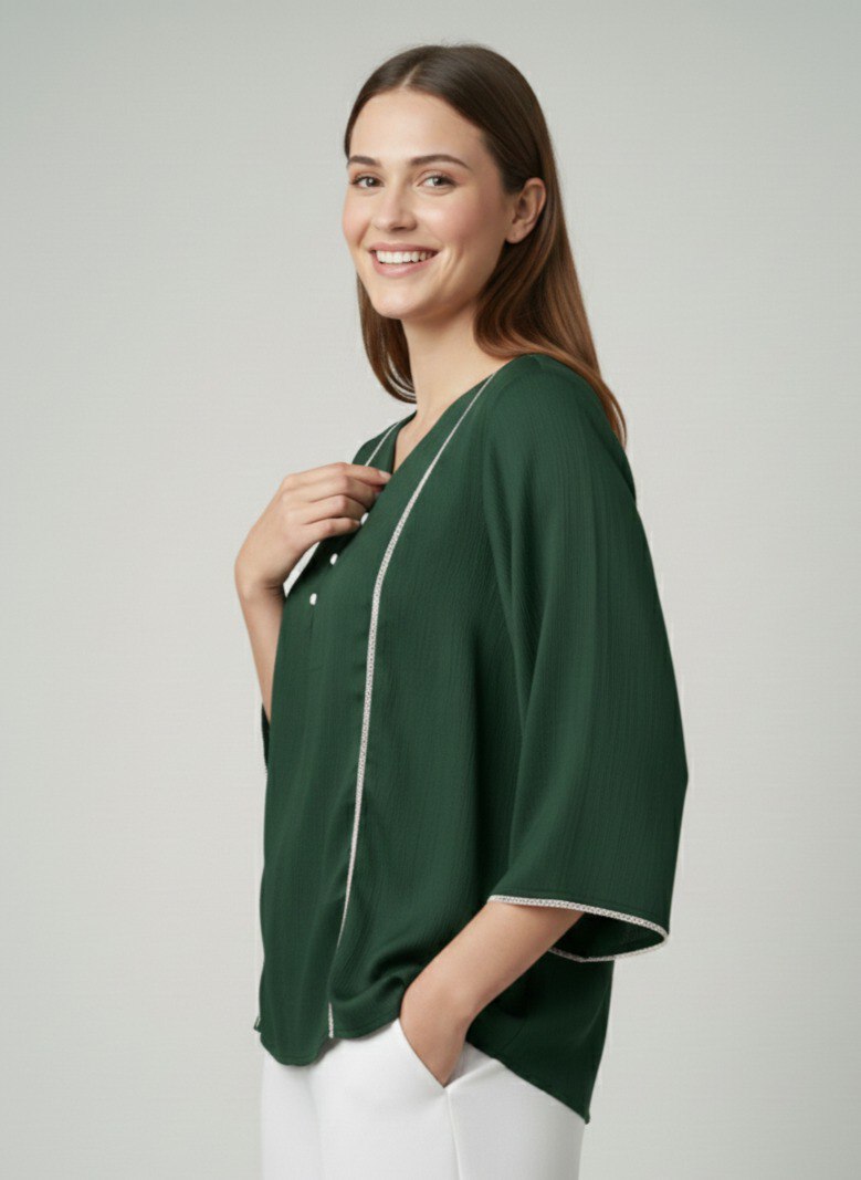 Women’s Solid Green V-Neck Kurti Top with Contrast Piping