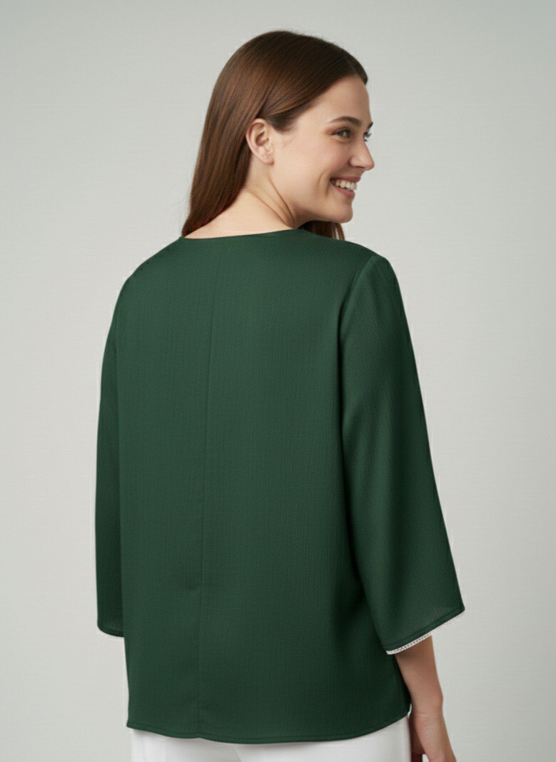 Women’s Solid Green V-Neck Kurti Top with Contrast Piping