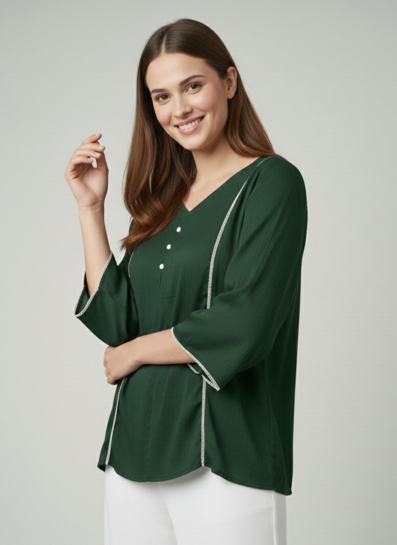 Women’s Solid Green V-Neck Kurti Top with Contrast Piping