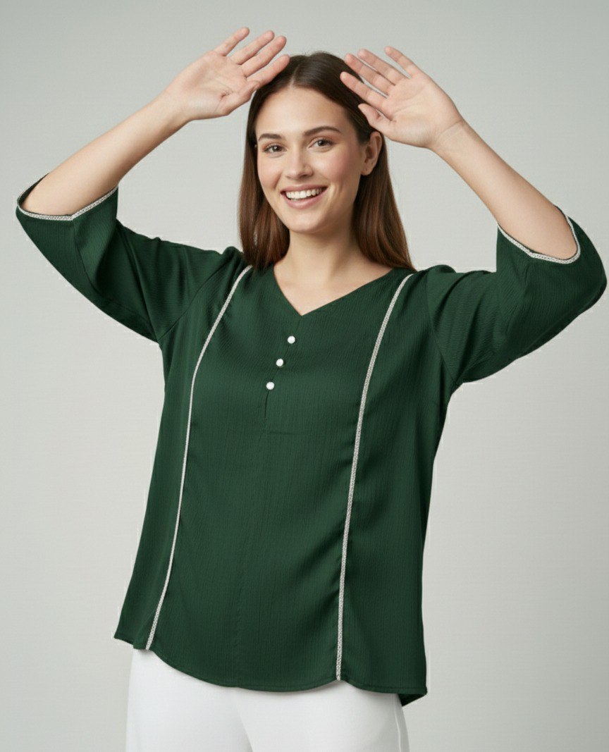 Women’s Solid Green V-Neck Kurti Top with Contrast Piping