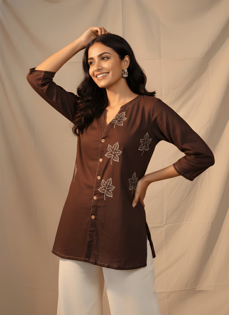 Women’s Brown Embroidered Button-Down Kurti Top