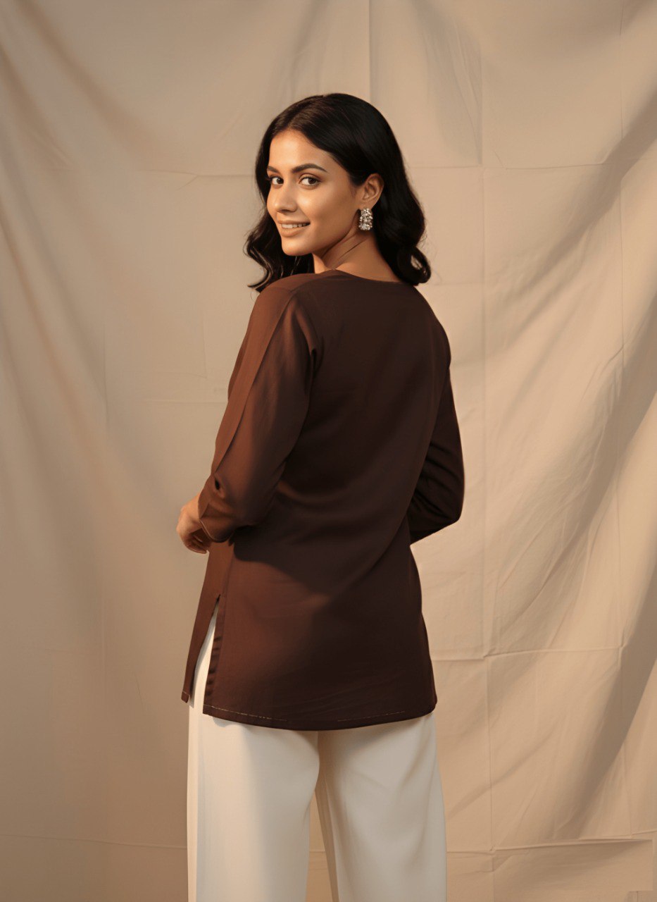 Women’s Brown Embroidered Button-Down Kurti Top
