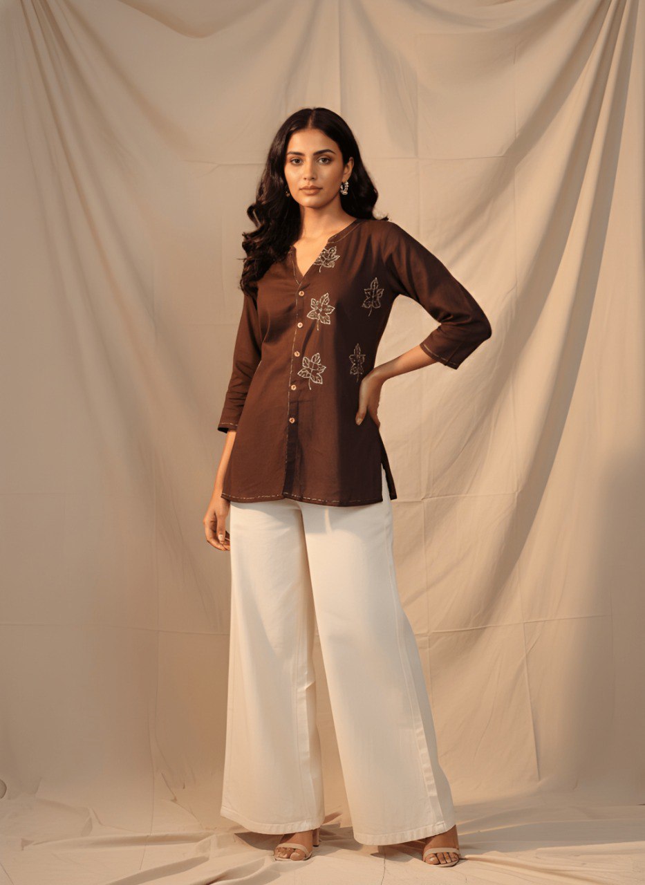 Women’s Brown Embroidered Button-Down Kurti Top