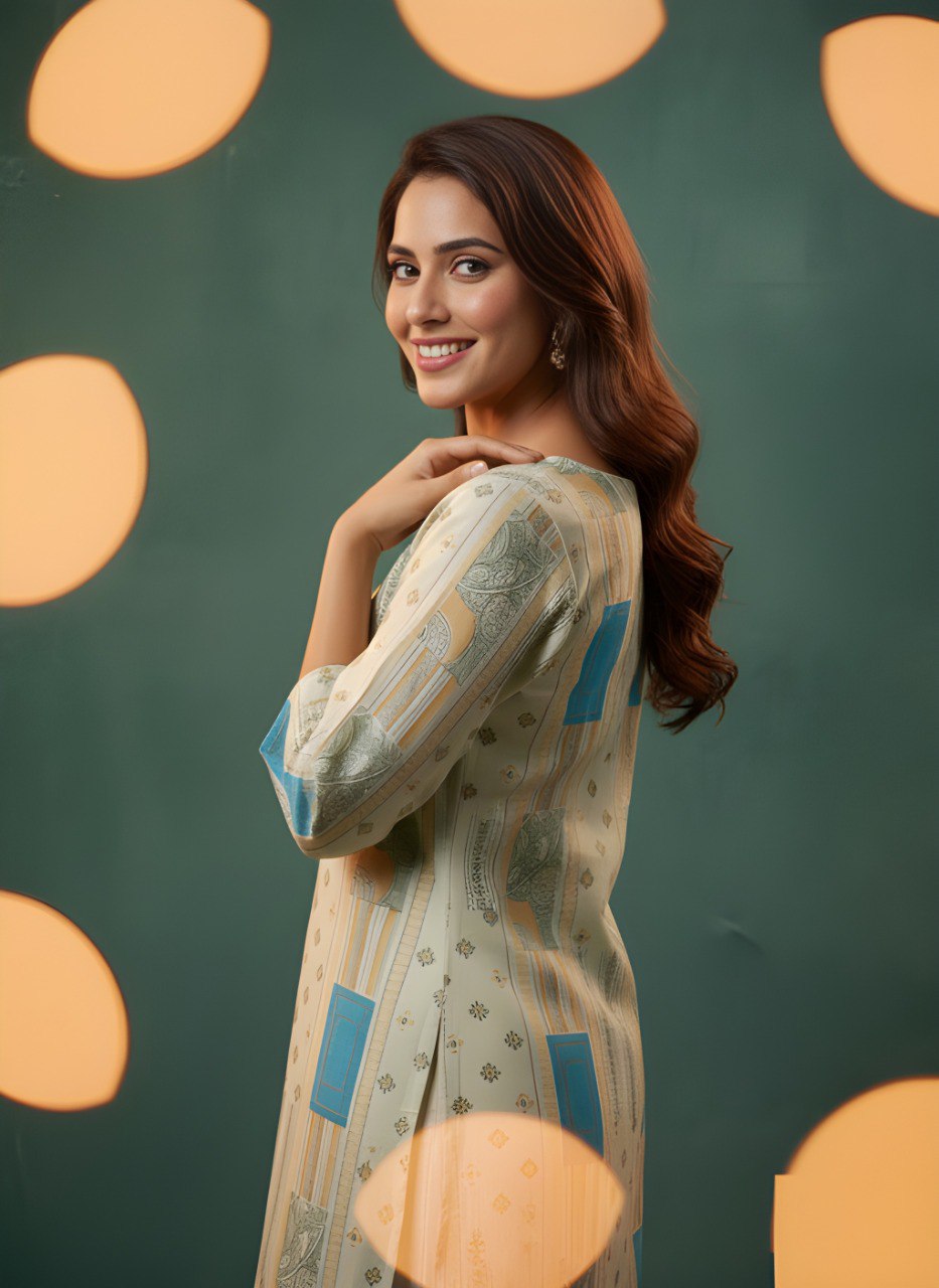 Beige Printed V-Neck Kurti with Pastel Blue Accents