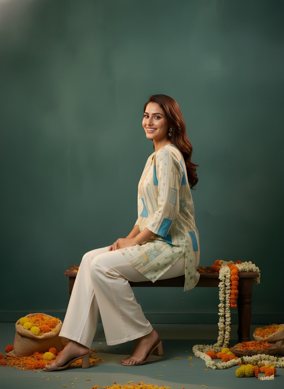 Beige Printed V-Neck Kurti with Pastel Blue Accents