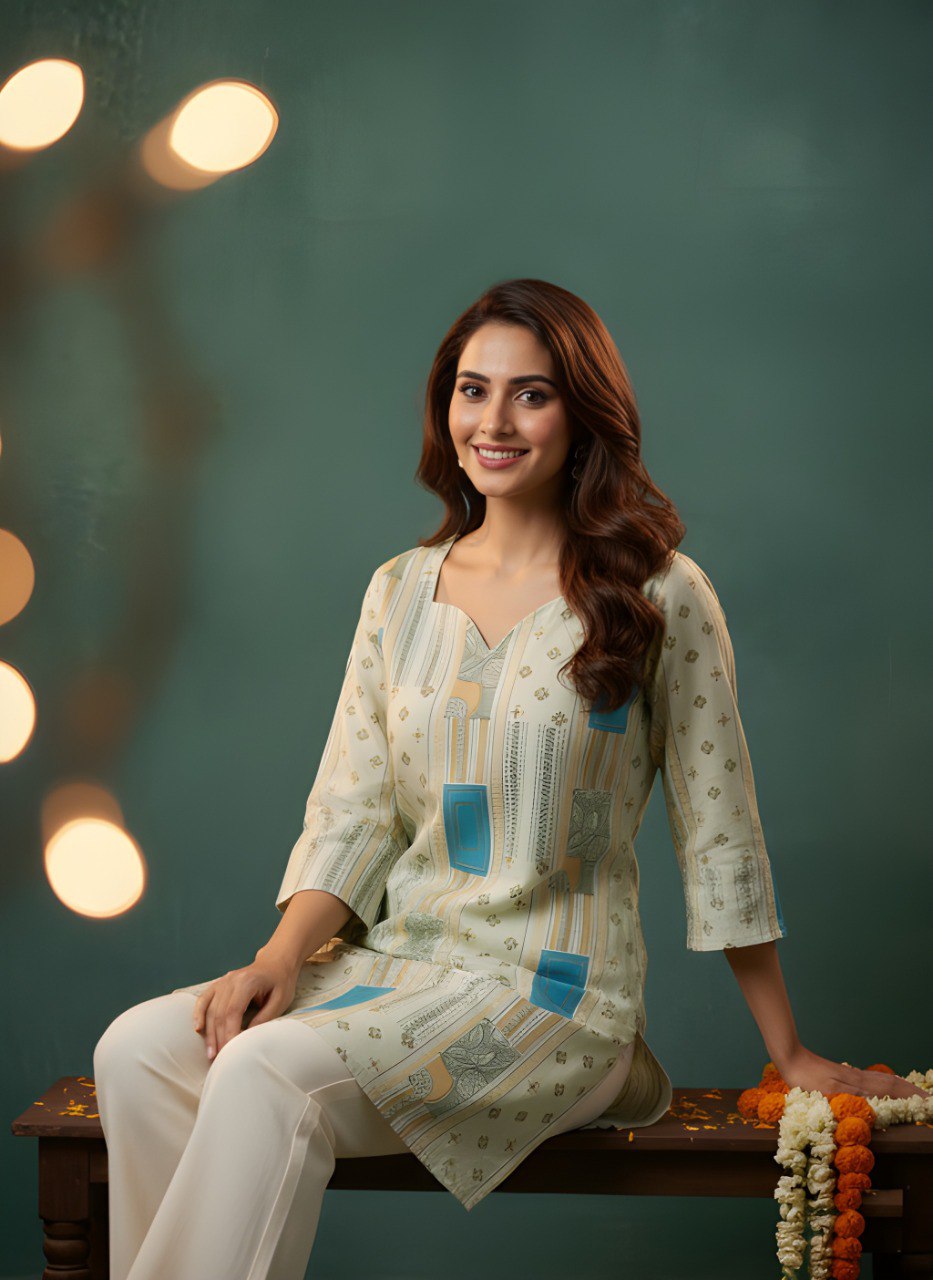 Beige Printed V-Neck Kurti with Pastel Blue Accents