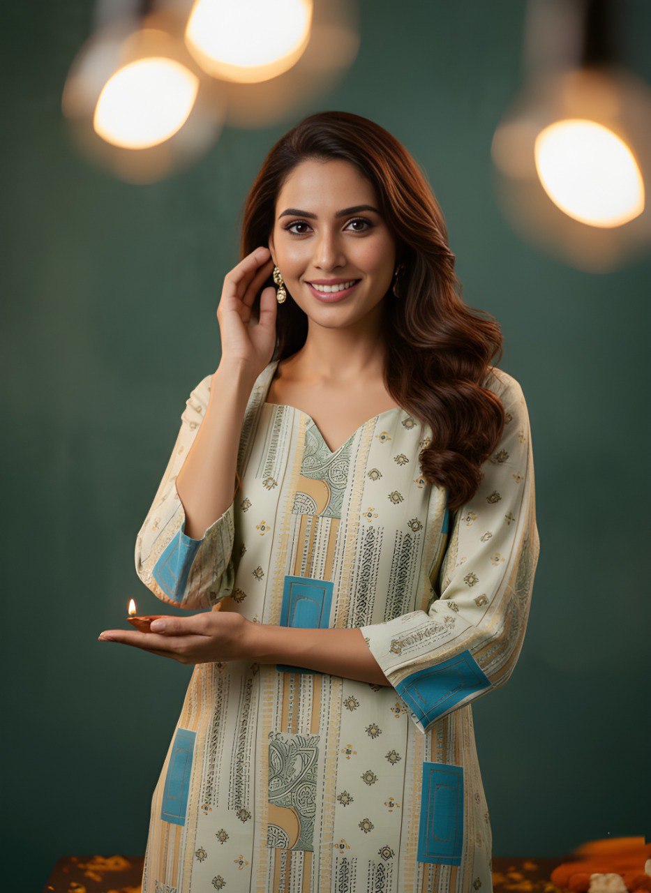 Beige Printed V-Neck Kurti with Pastel Blue Accents
