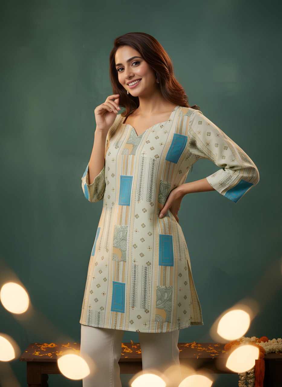 Beige Printed V-Neck Kurti with Pastel Blue Accents