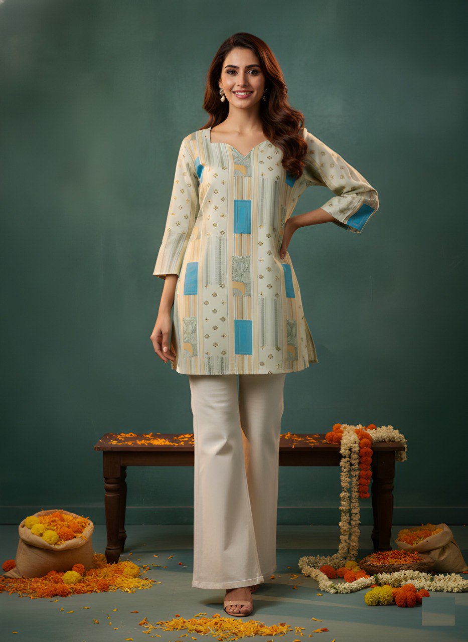 Beige Printed V-Neck Kurti with Pastel Blue Accents