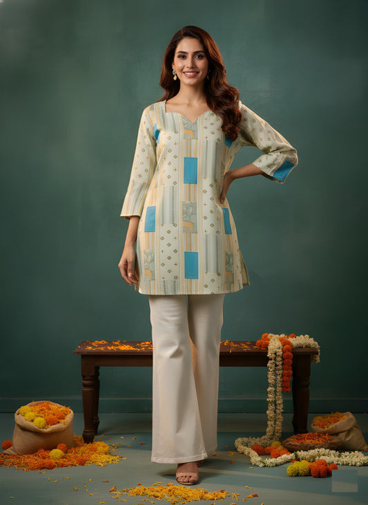 Beige Printed V-Neck Kurti with Pastel Blue Accents