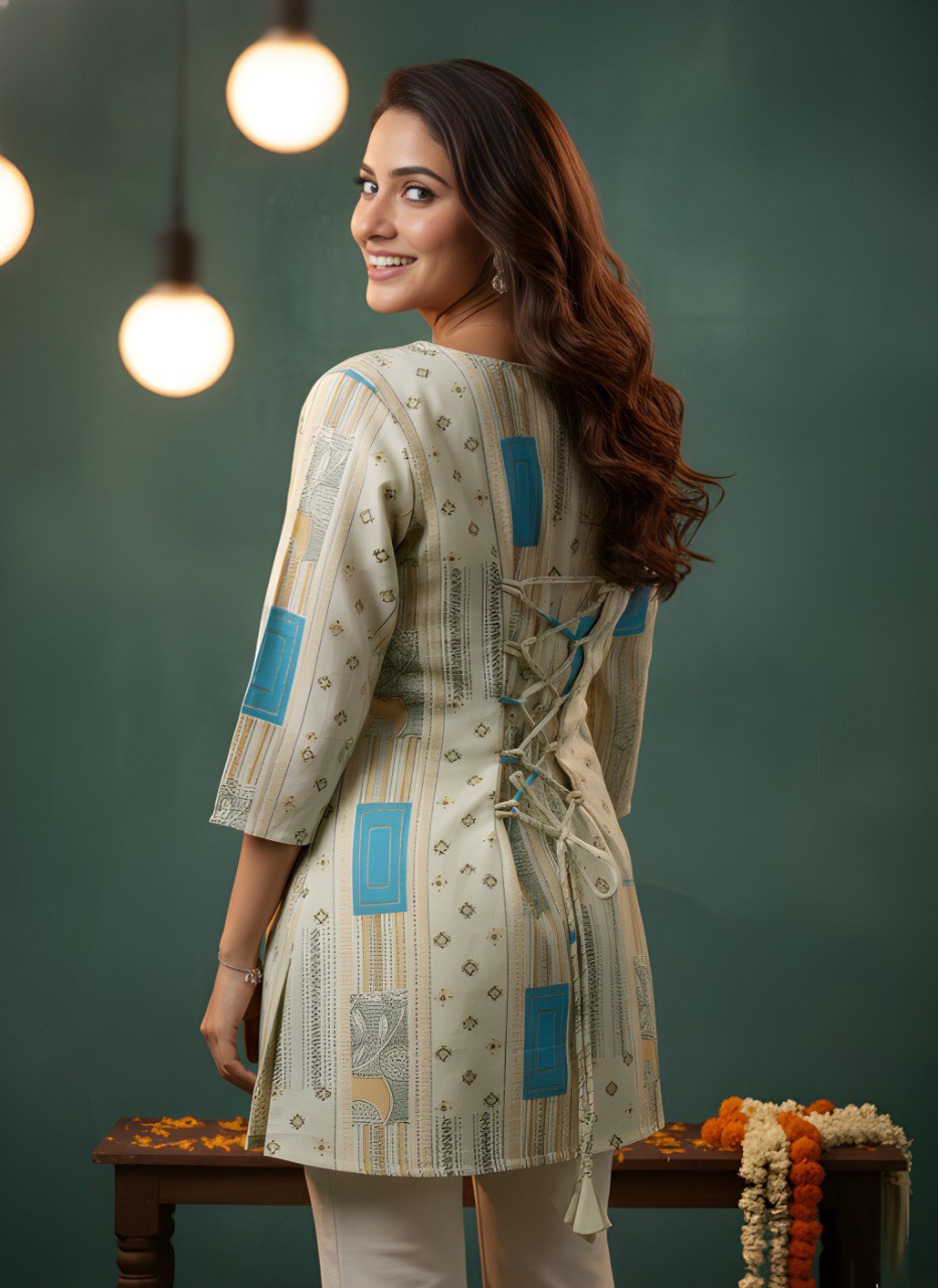 Beige Printed V-Neck Kurti with Pastel Blue Accents
