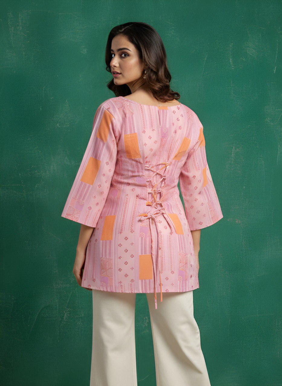 Pink Printed V-Neck Kurti with Peach Accents