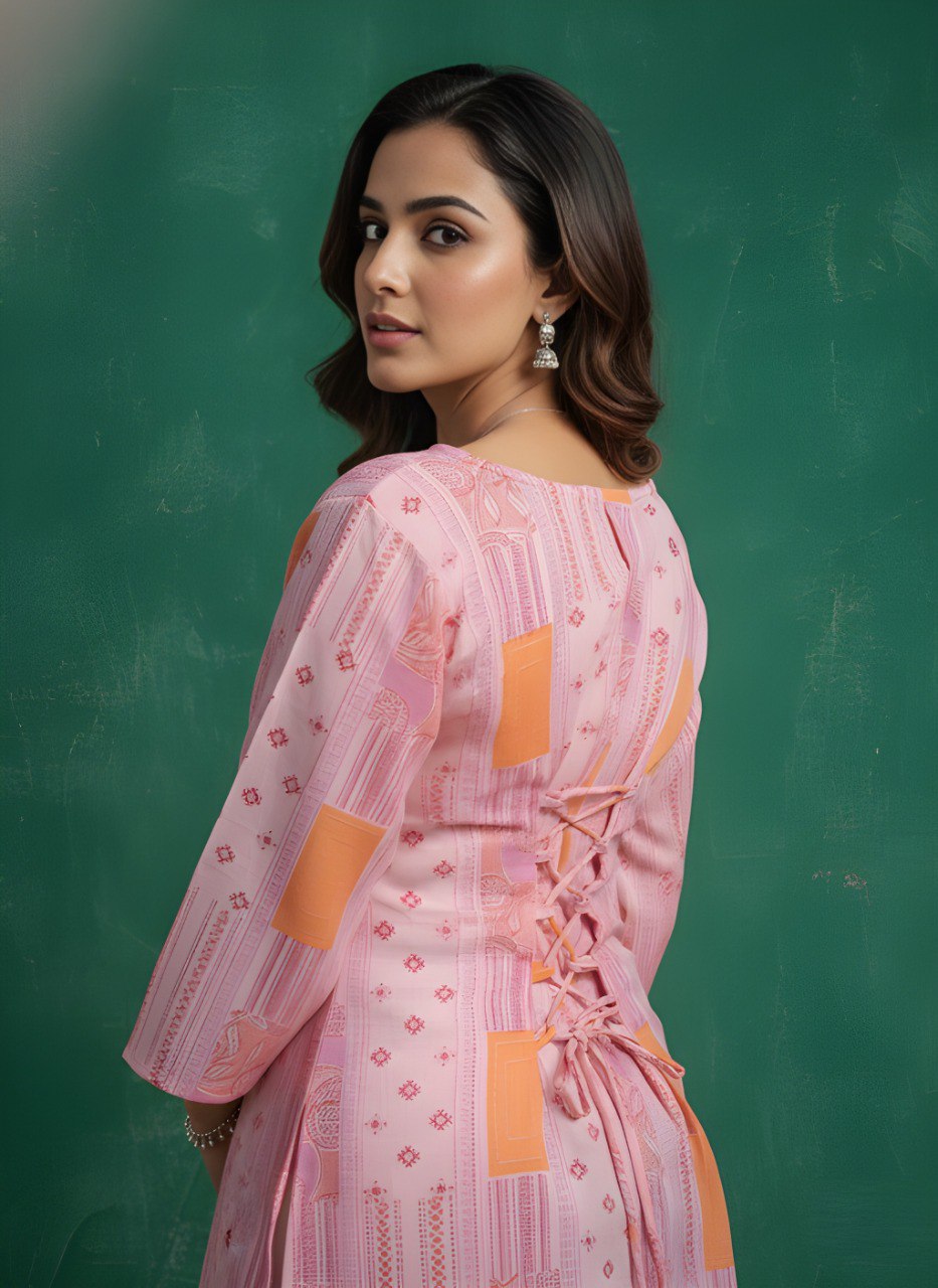 Pink Printed V-Neck Kurti with Peach Accents