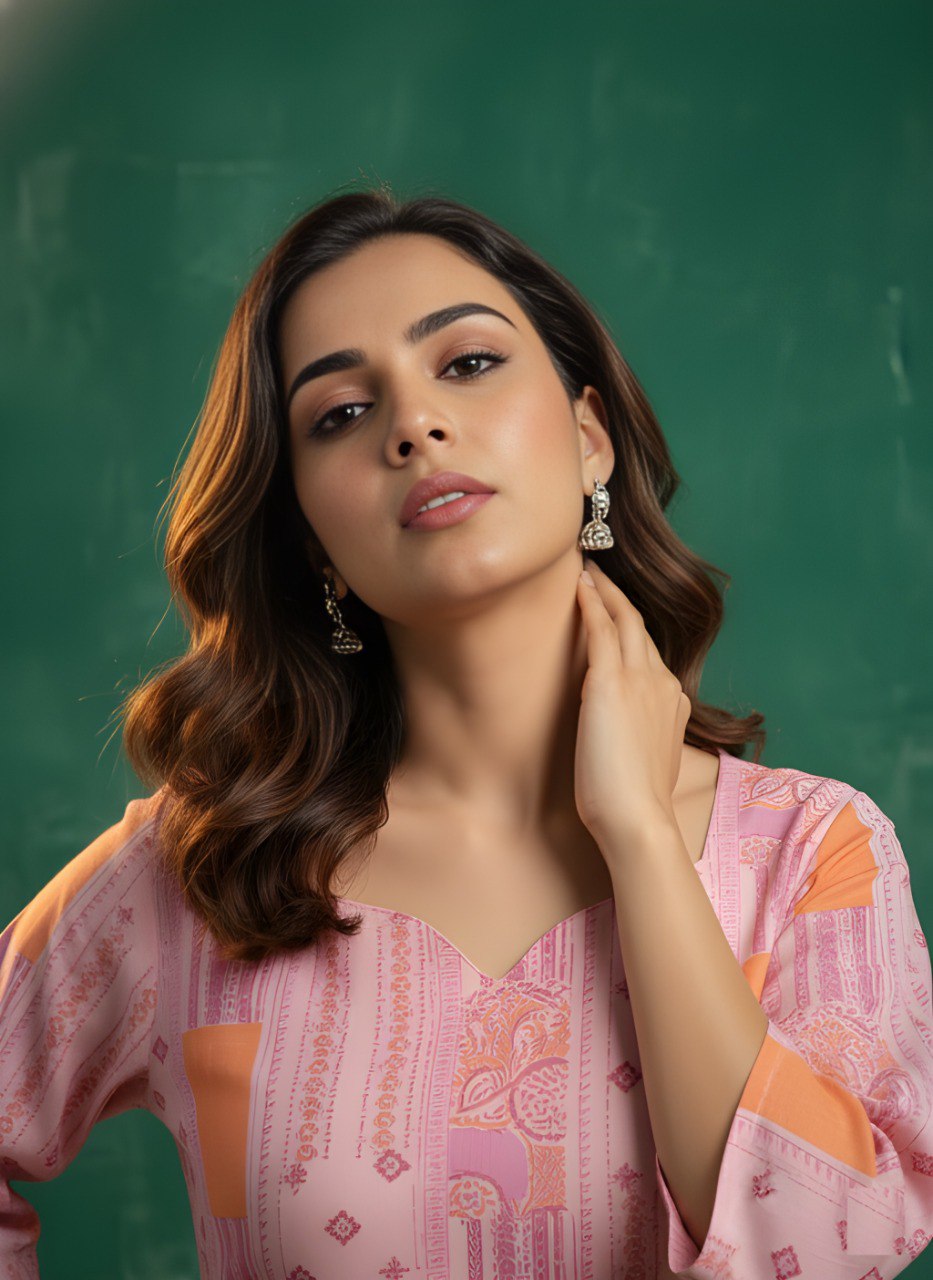 Pink Printed V-Neck Kurti with Peach Accents