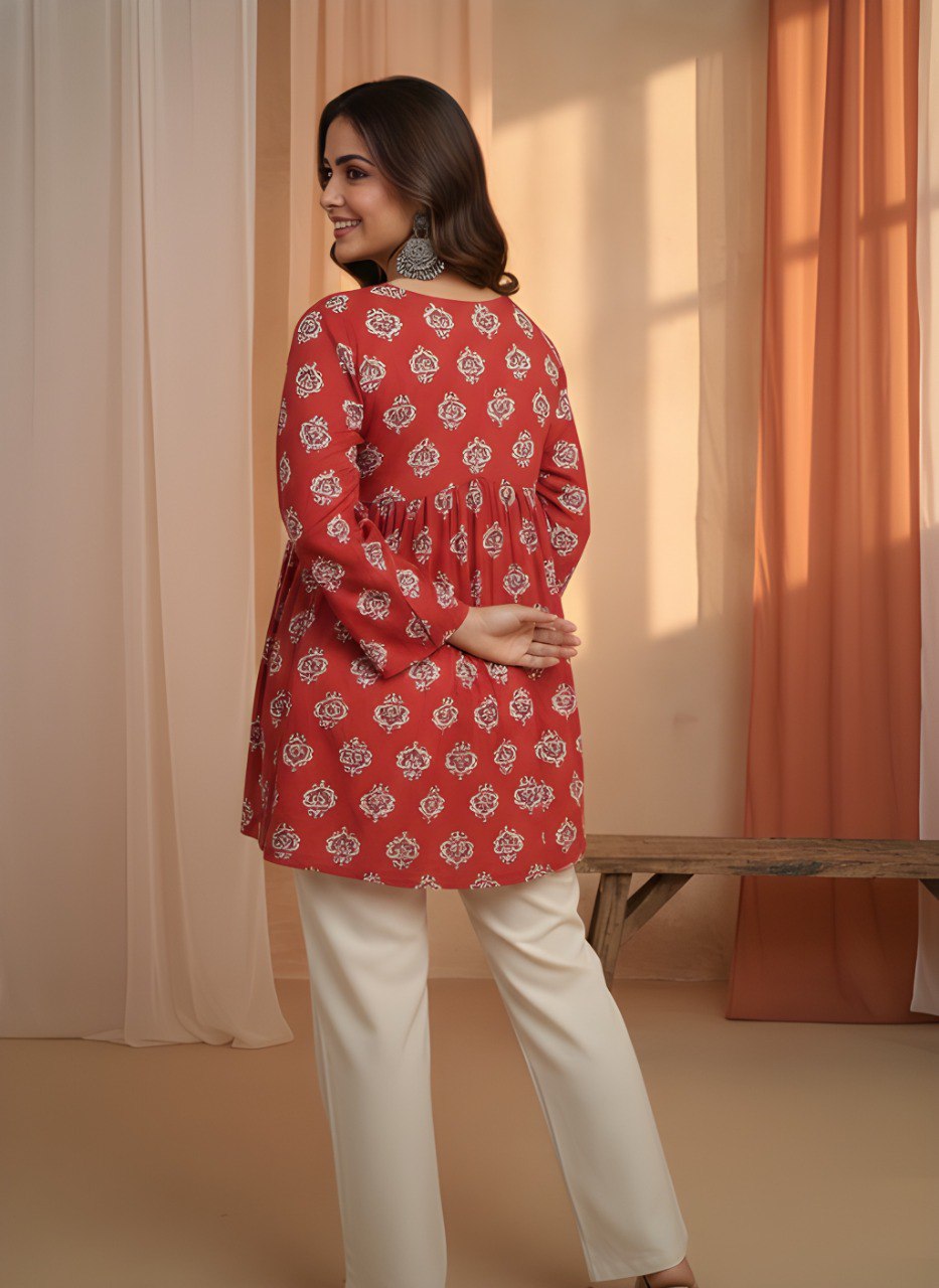 Maroon Printed V-Neck Flared Kurti