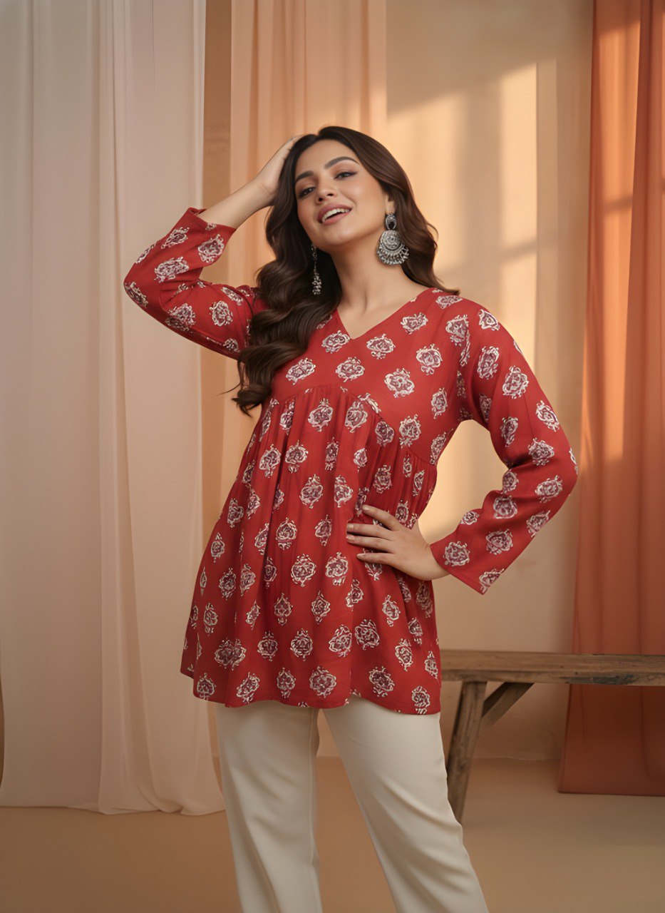 Maroon Printed V-Neck Flared Kurti