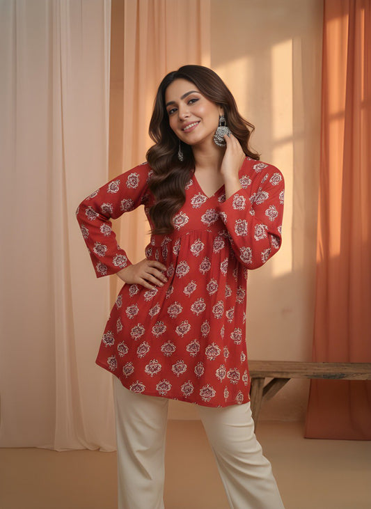 Maroon Printed V-Neck Flared Kurti