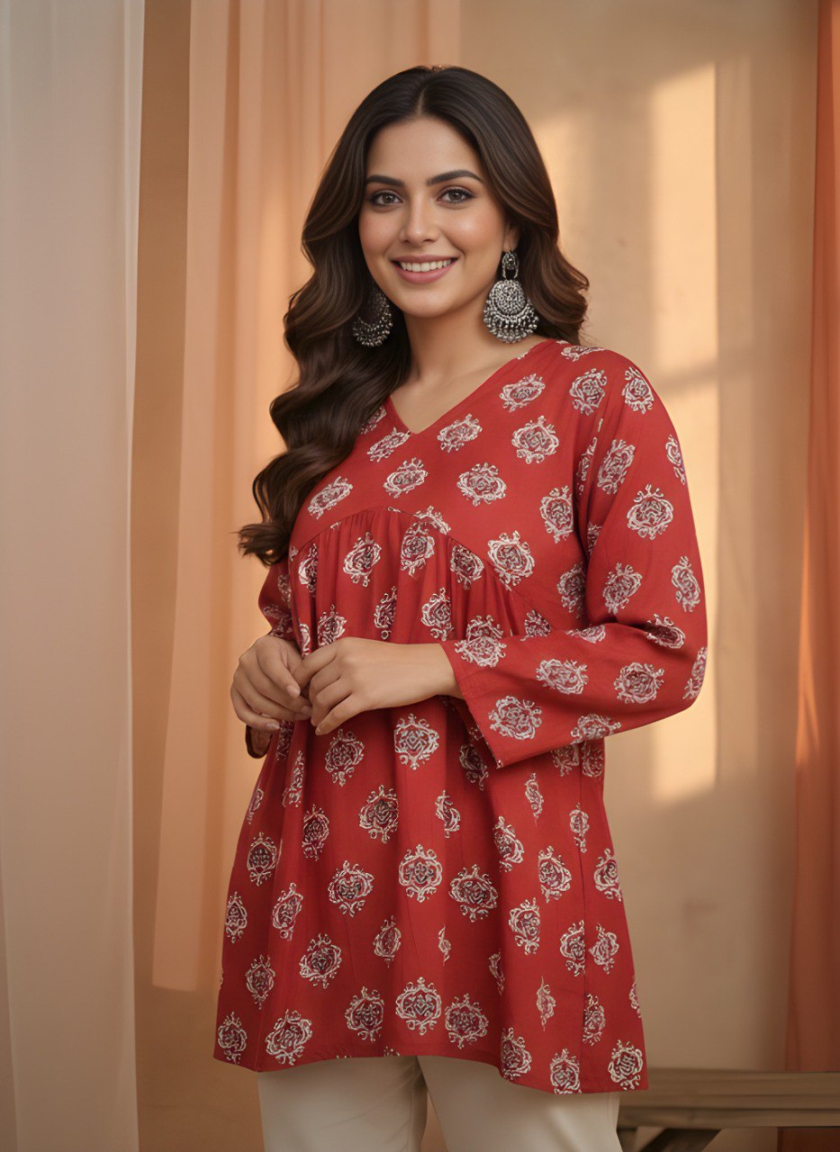 Maroon Printed V-Neck Flared Kurti