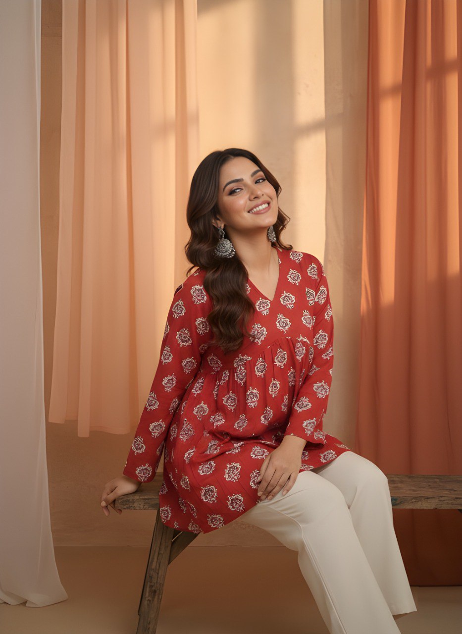 Maroon Printed V-Neck Flared Kurti