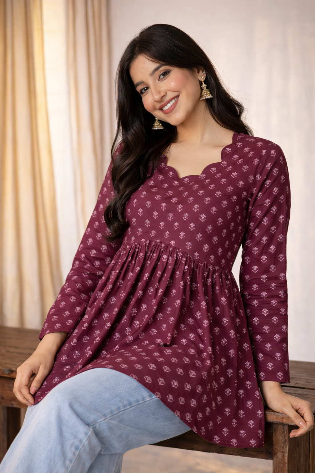 Women Maroon Printed Peplum Kurti with Scalloped Neck & Full Sleeves