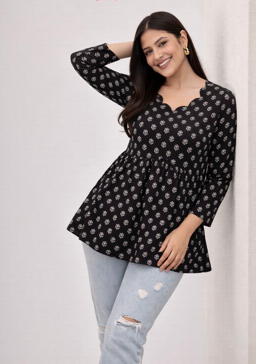 Black Printed Peplum Tunic Top for Women