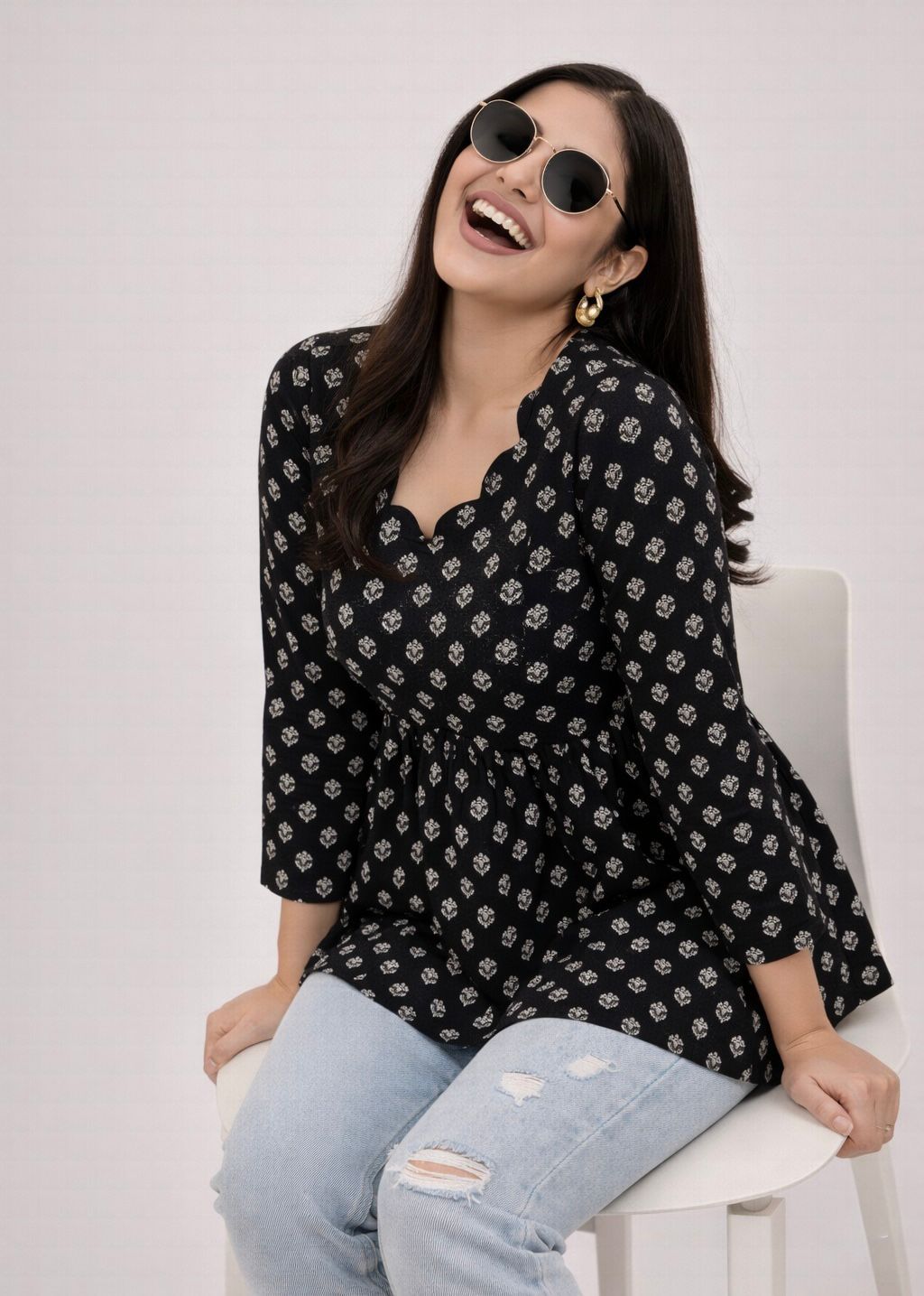 Black Printed Peplum Tunic Top for Women