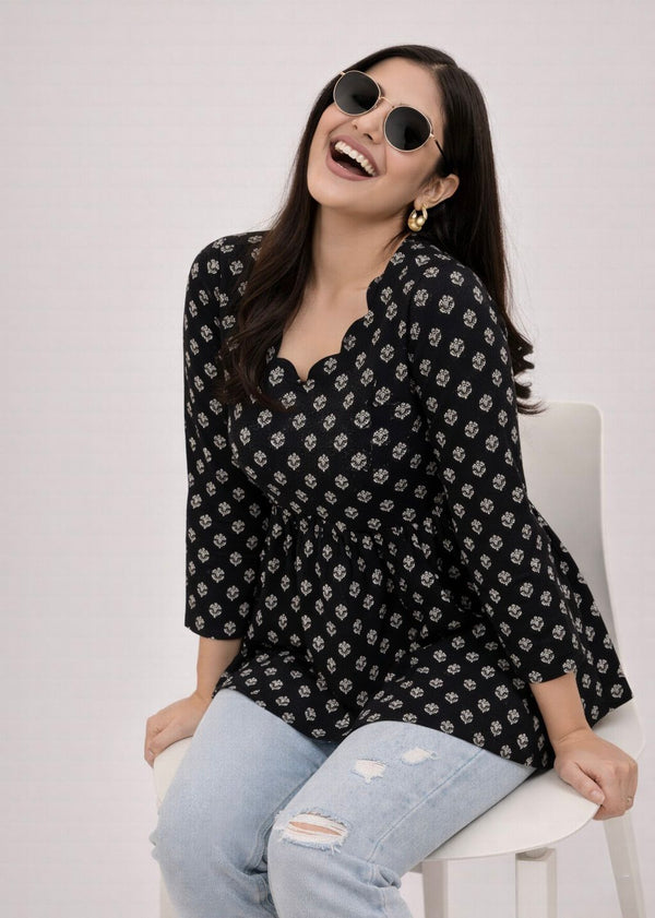 Black Printed Peplum Tunic Top for Women