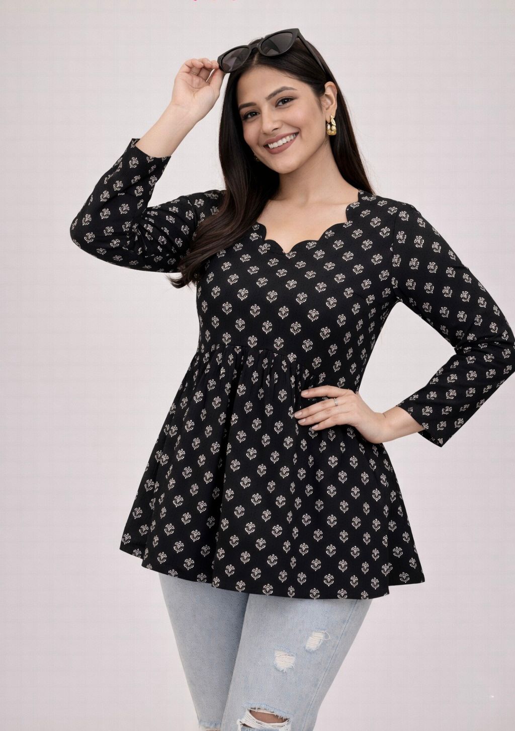 Black Printed Peplum Tunic Top for Women