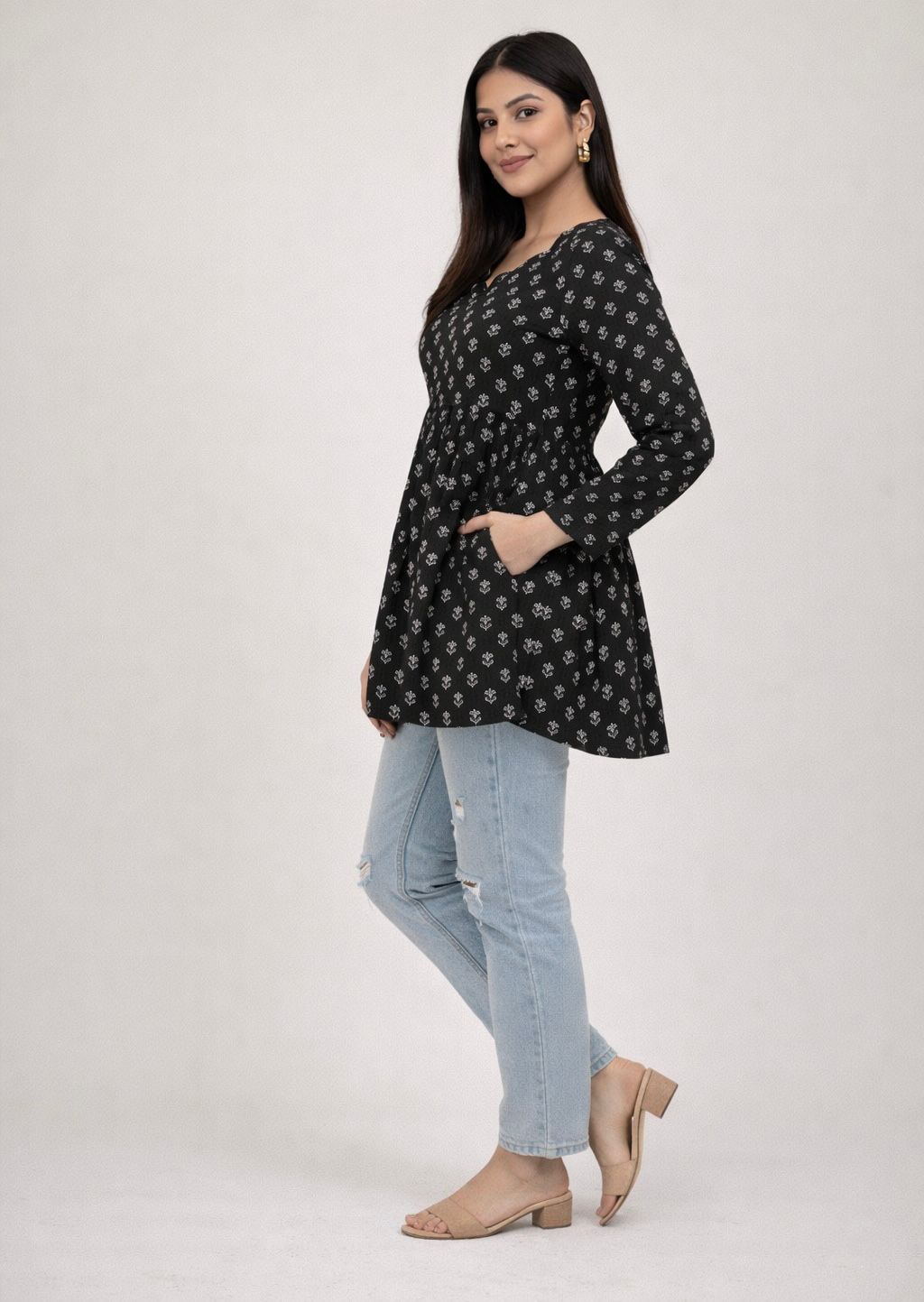 Black Printed Peplum Tunic Top for Women