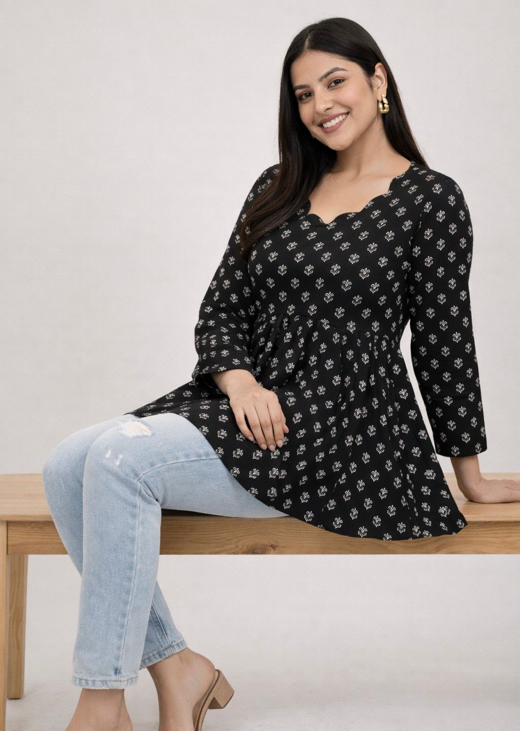 Black Printed Peplum Tunic Top for Women