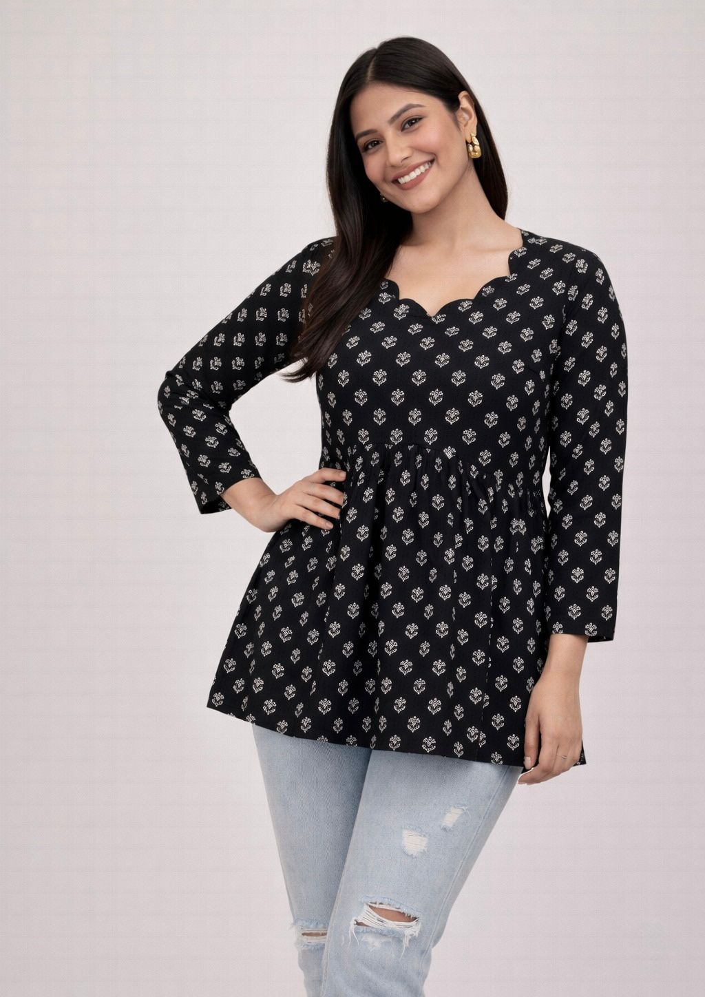 Black Printed Peplum Tunic Top for Women