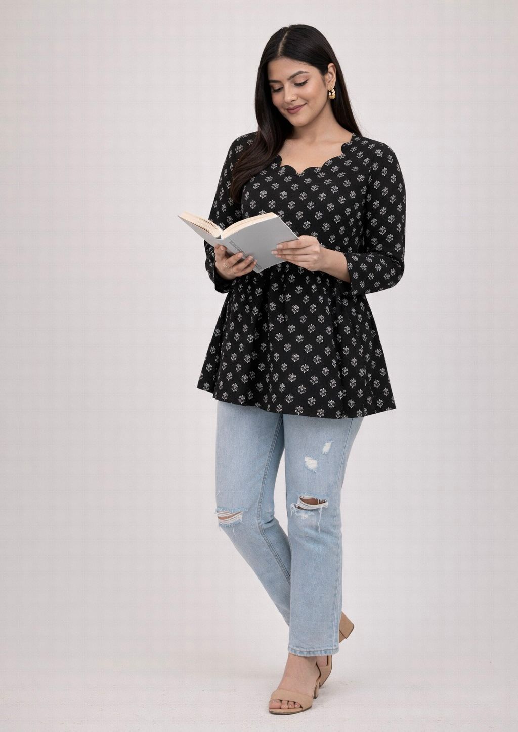 Black Printed Peplum Tunic Top for Women