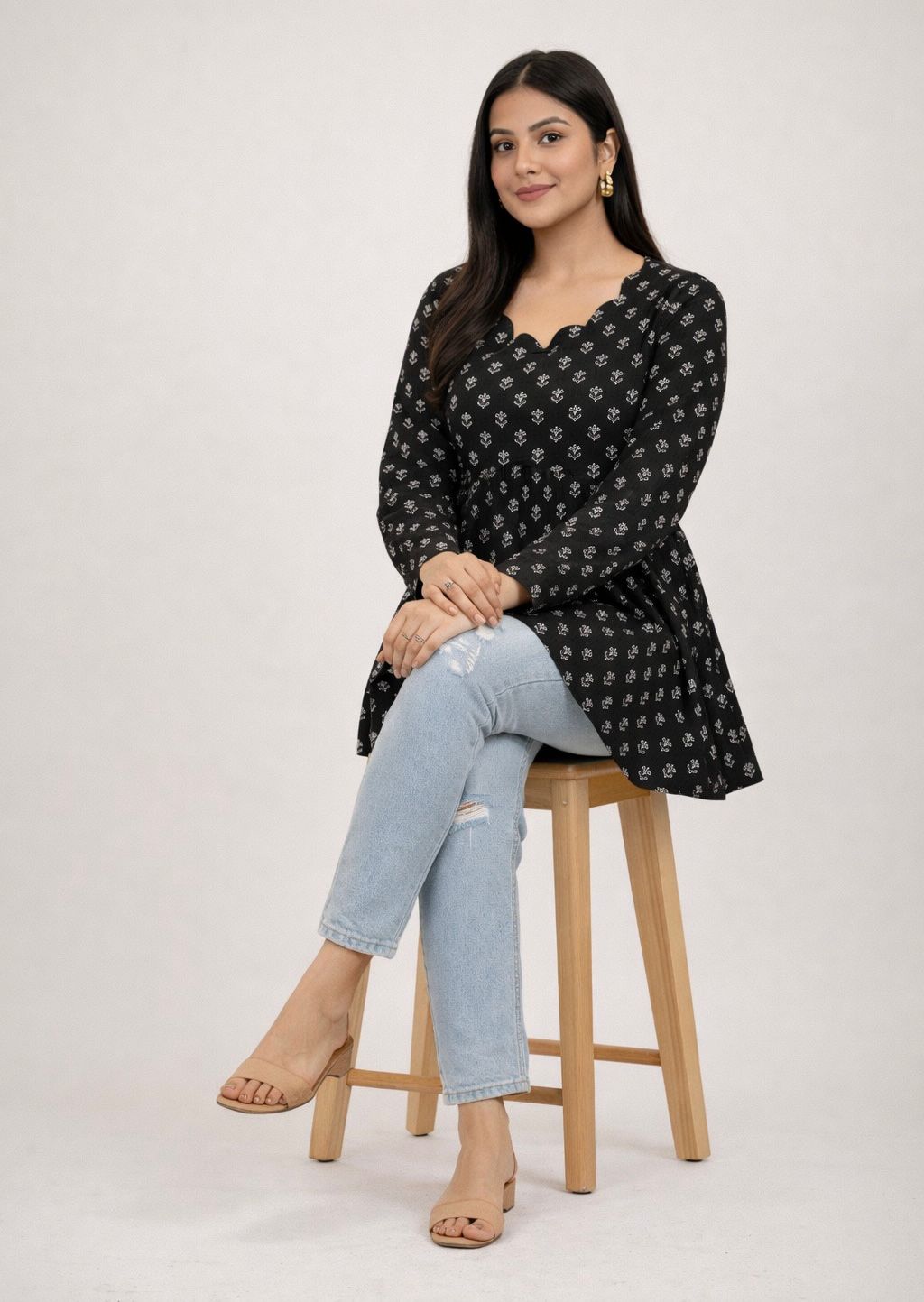 Black Printed Peplum Tunic Top for Women