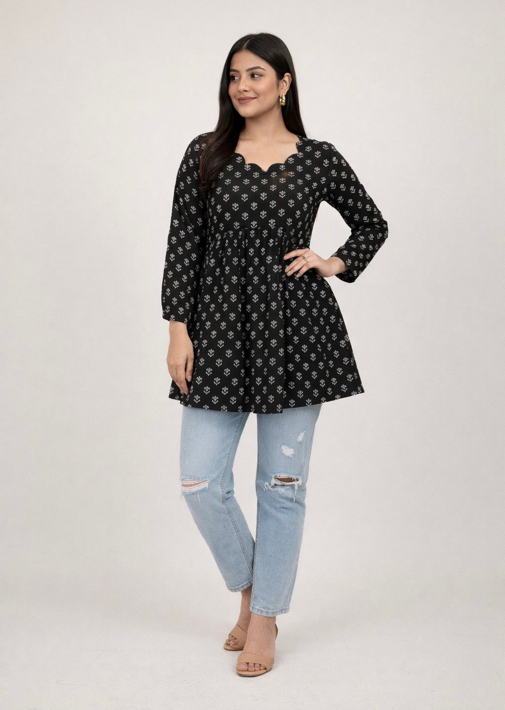 Black Printed Peplum Tunic Top for Women
