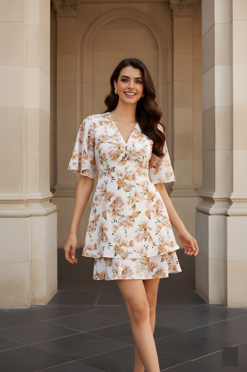 Ivory Floral Printed V-Neck A-Line Dress