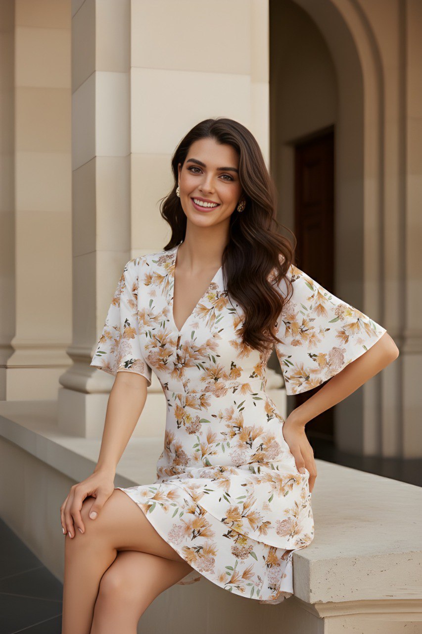 Ivory Floral Printed V-Neck A-Line Dress