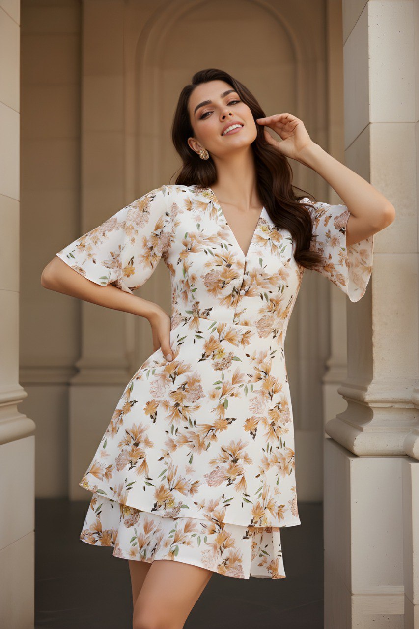 Ivory Floral Printed V-Neck A-Line Dress