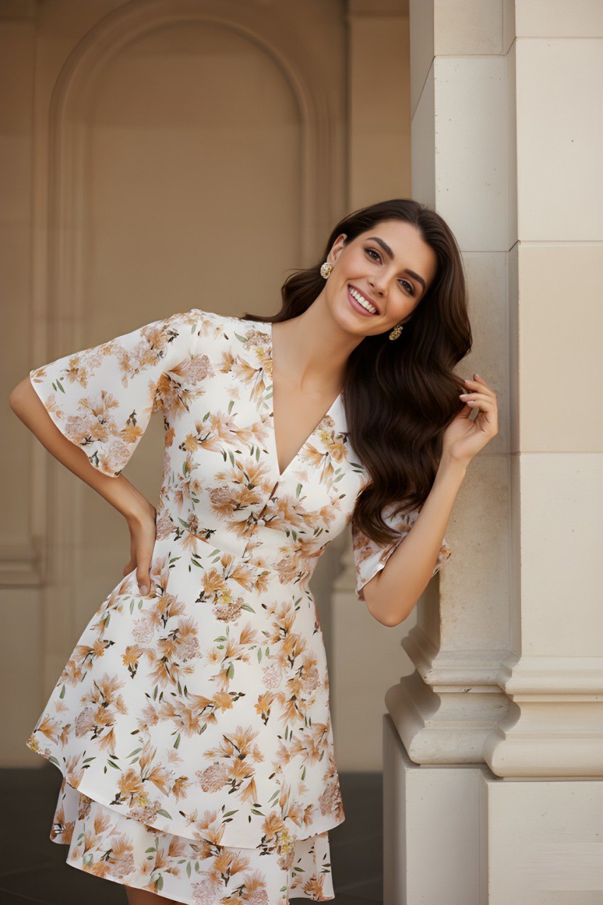 Ivory Floral Printed V-Neck A-Line Dress