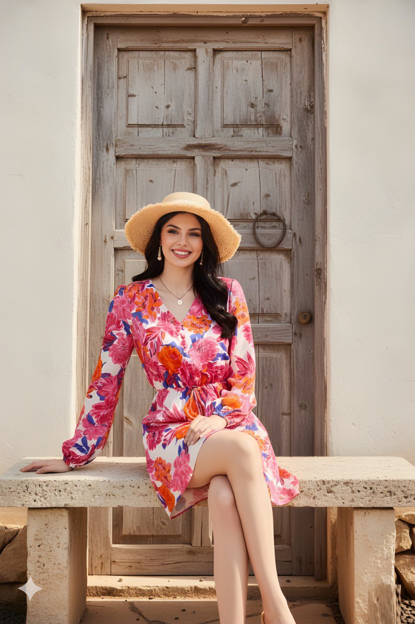 Pink & Orange Floral Printed V-Neck Mini Dress with Waist Tie