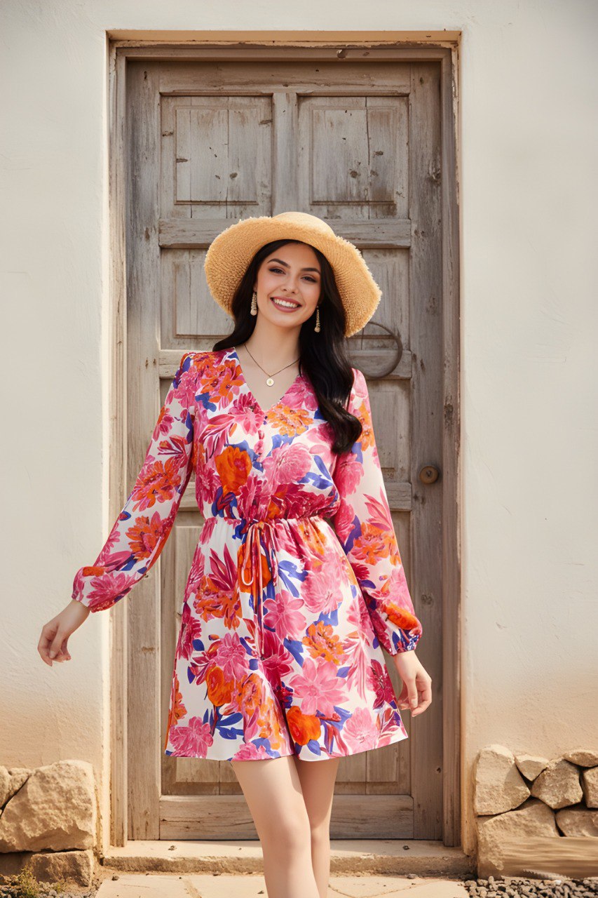 Pink & Orange Floral Printed V-Neck Mini Dress with Waist Tie