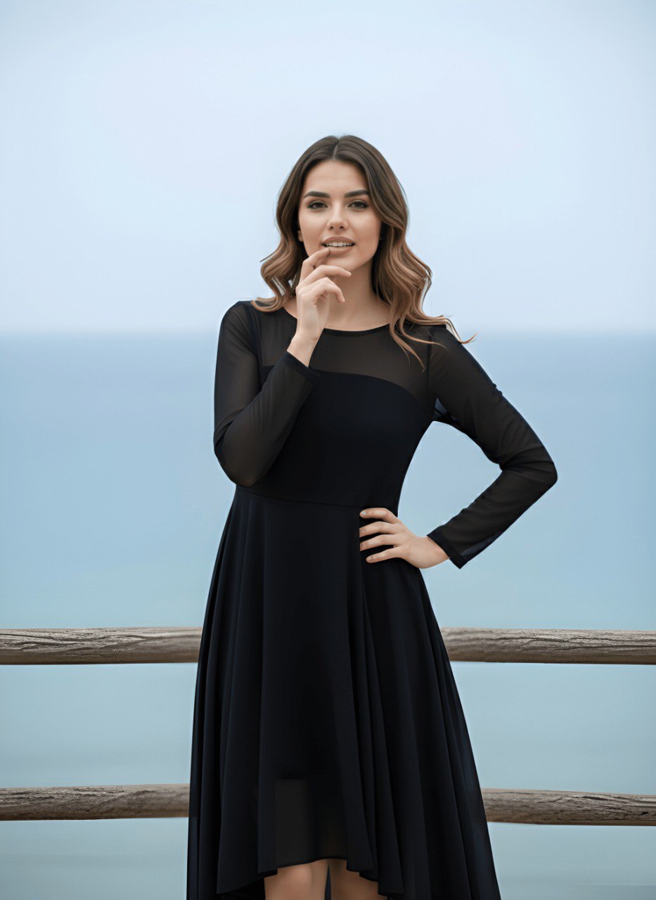 Black Chiffon High-Low Fit & Flare Dress with Sheer Sleeves