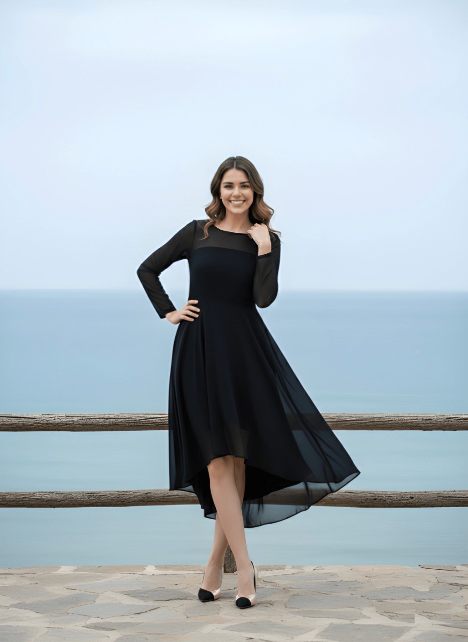 Black Chiffon High-Low Fit & Flare Dress with Sheer Sleeves