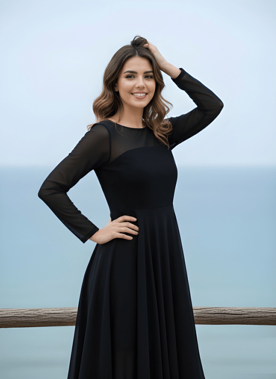 Black Chiffon High-Low Fit & Flare Dress with Sheer Sleeves