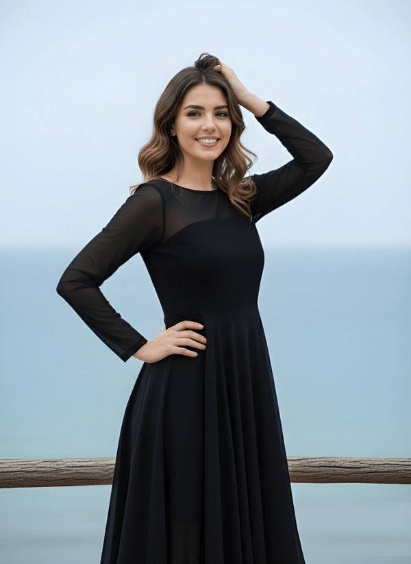 Black Chiffon High-Low Fit & Flare Dress with Sheer Sleeves