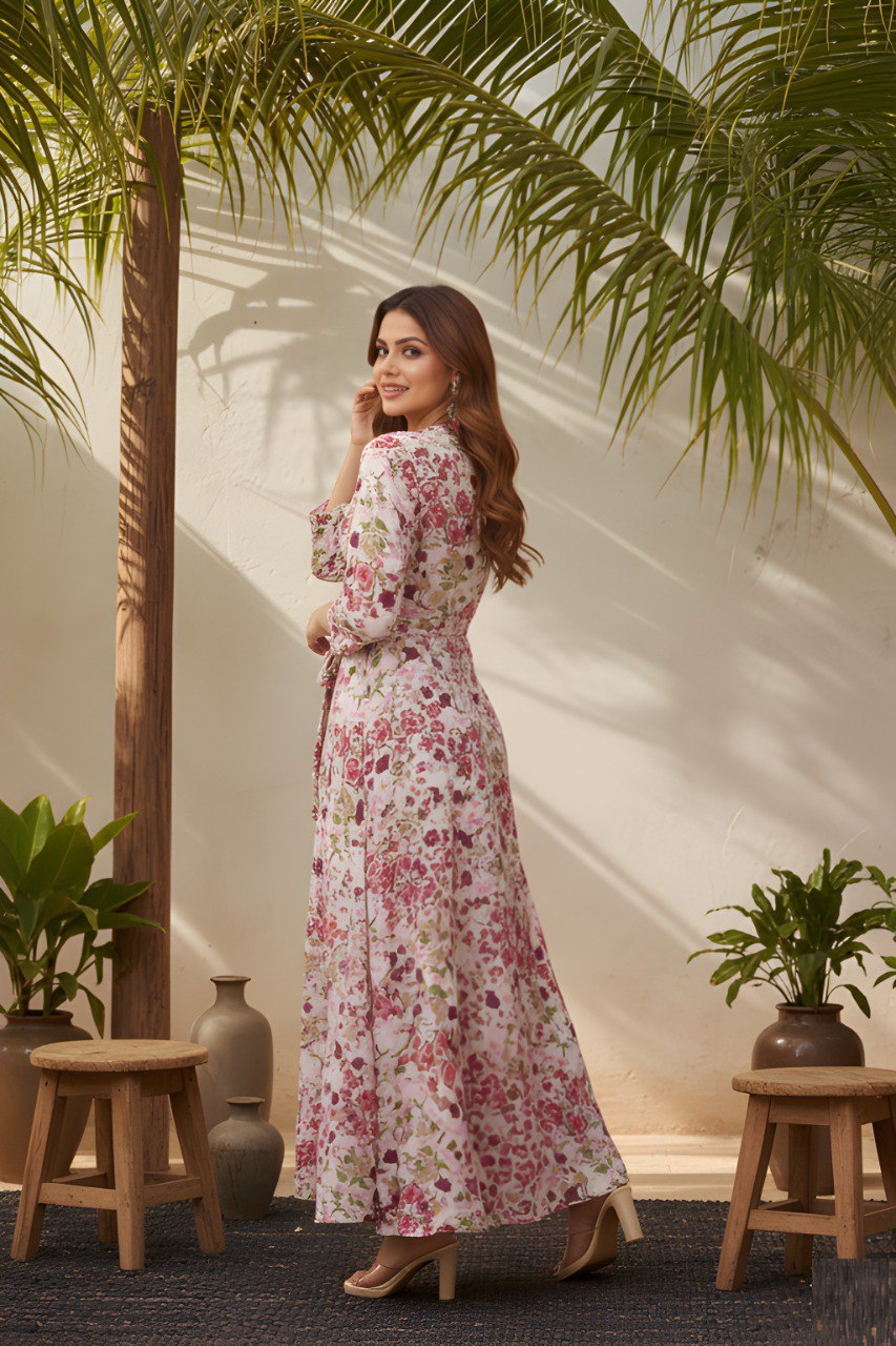Blush Floral Wrap Maxi Dress with Tie-Up Waist